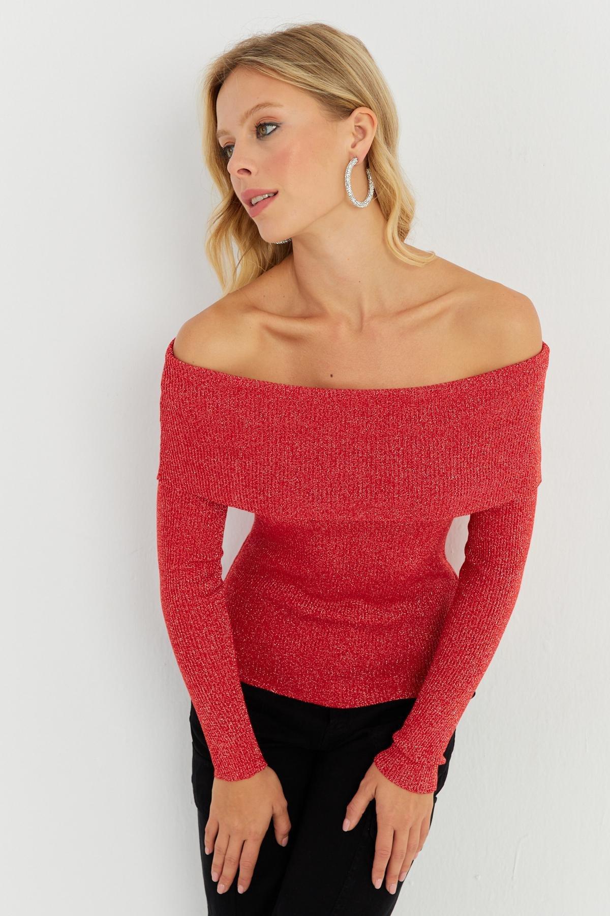 Red Boat Neck Knitted Blouse, , large image number 0