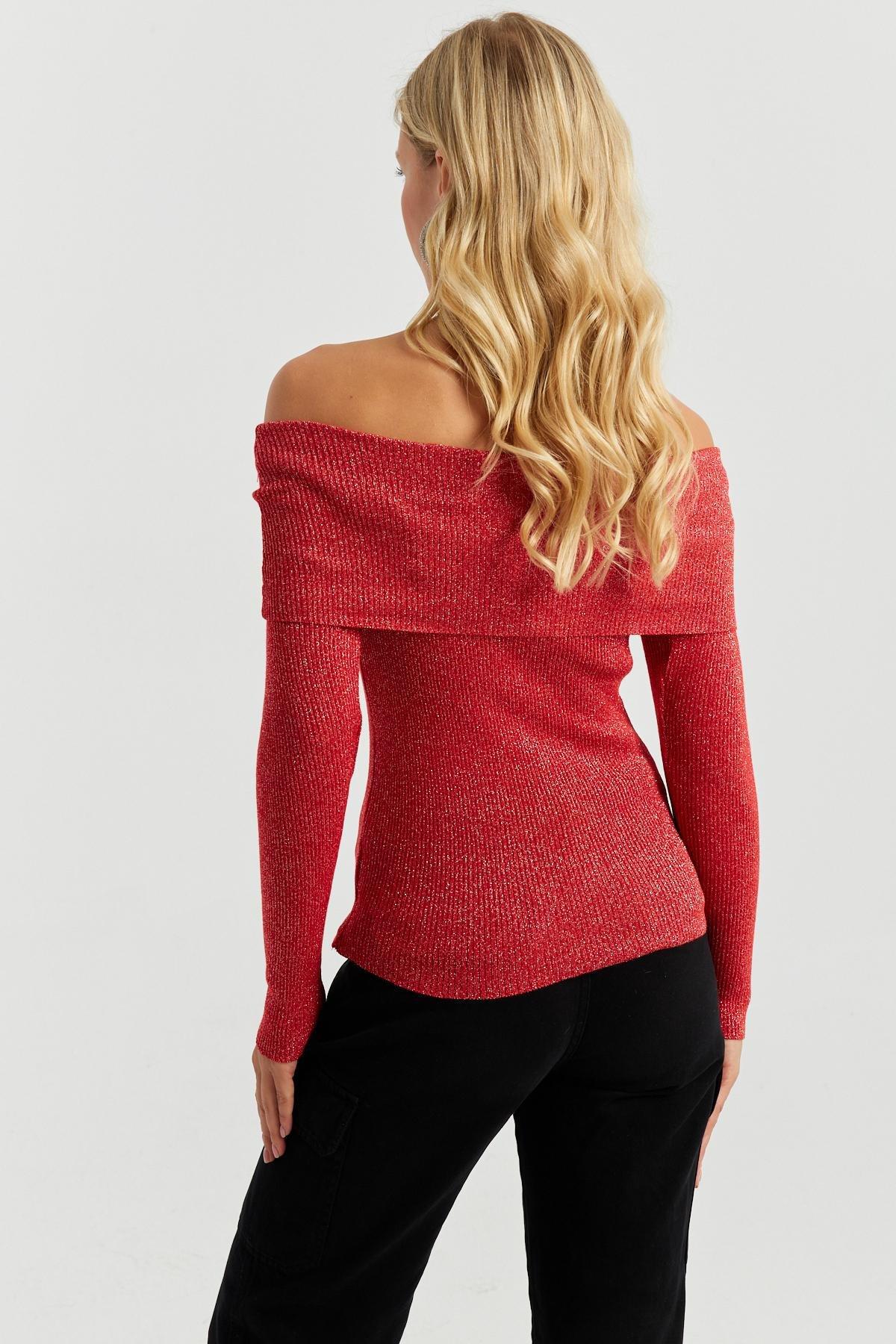 Red Boat Neck Knitted Blouse, , large image number 1