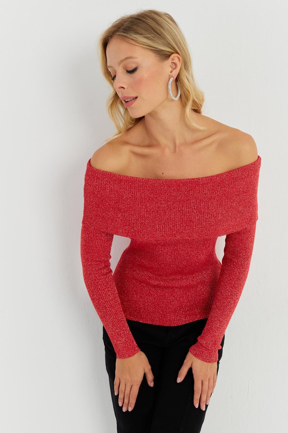 Red Boat Neck Knitted Blouse, , large image number 2