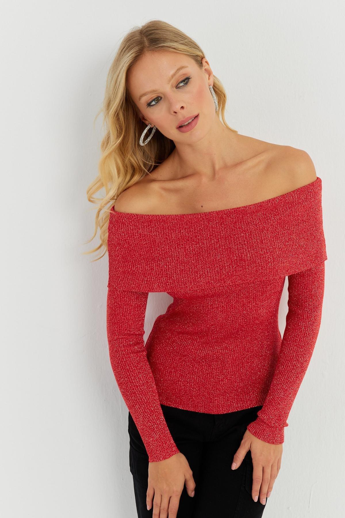 Red Boat Neck Knitted Blouse, , large image number 3