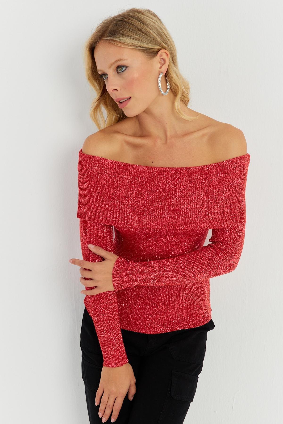 Red Boat Neck Knitted Blouse, , large image number 4