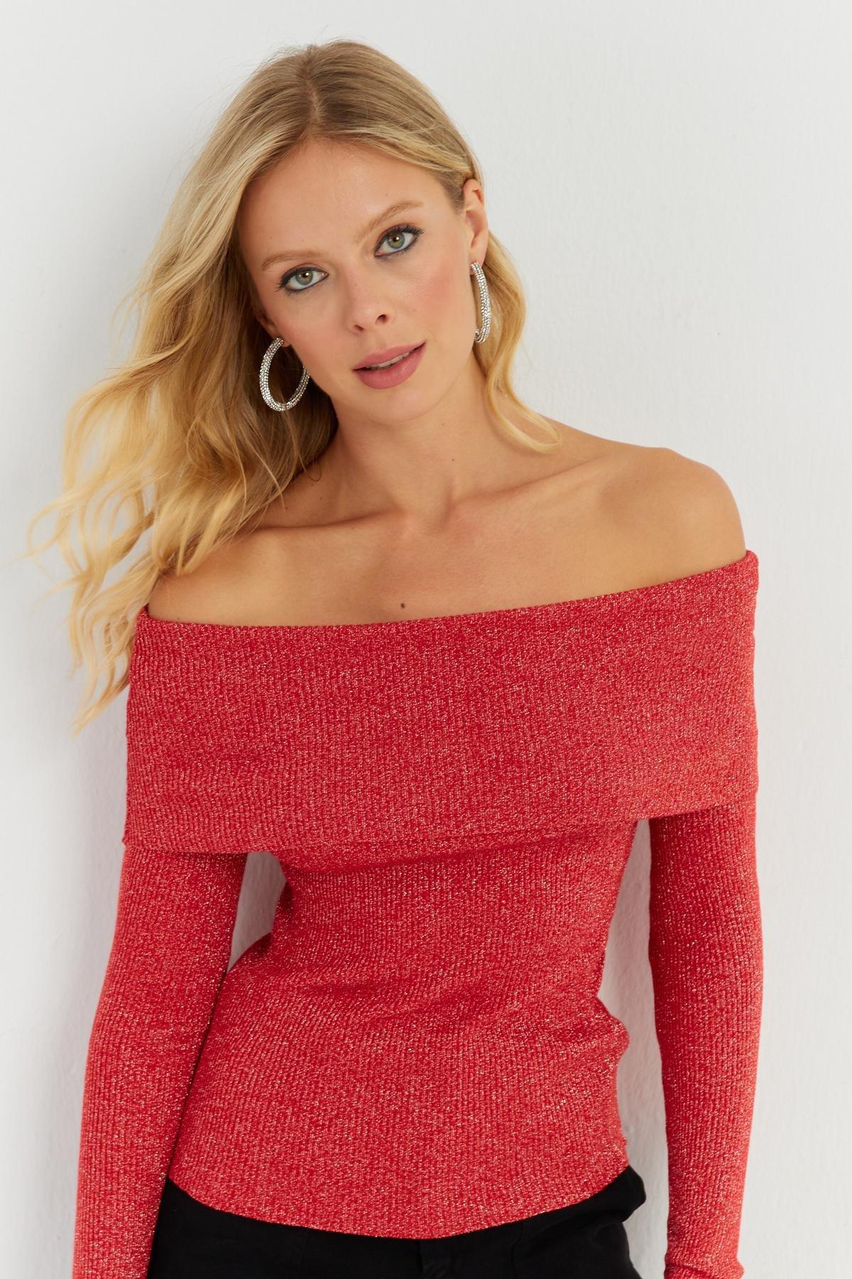 Red Boat Neck Knitted Blouse, , large image number 5