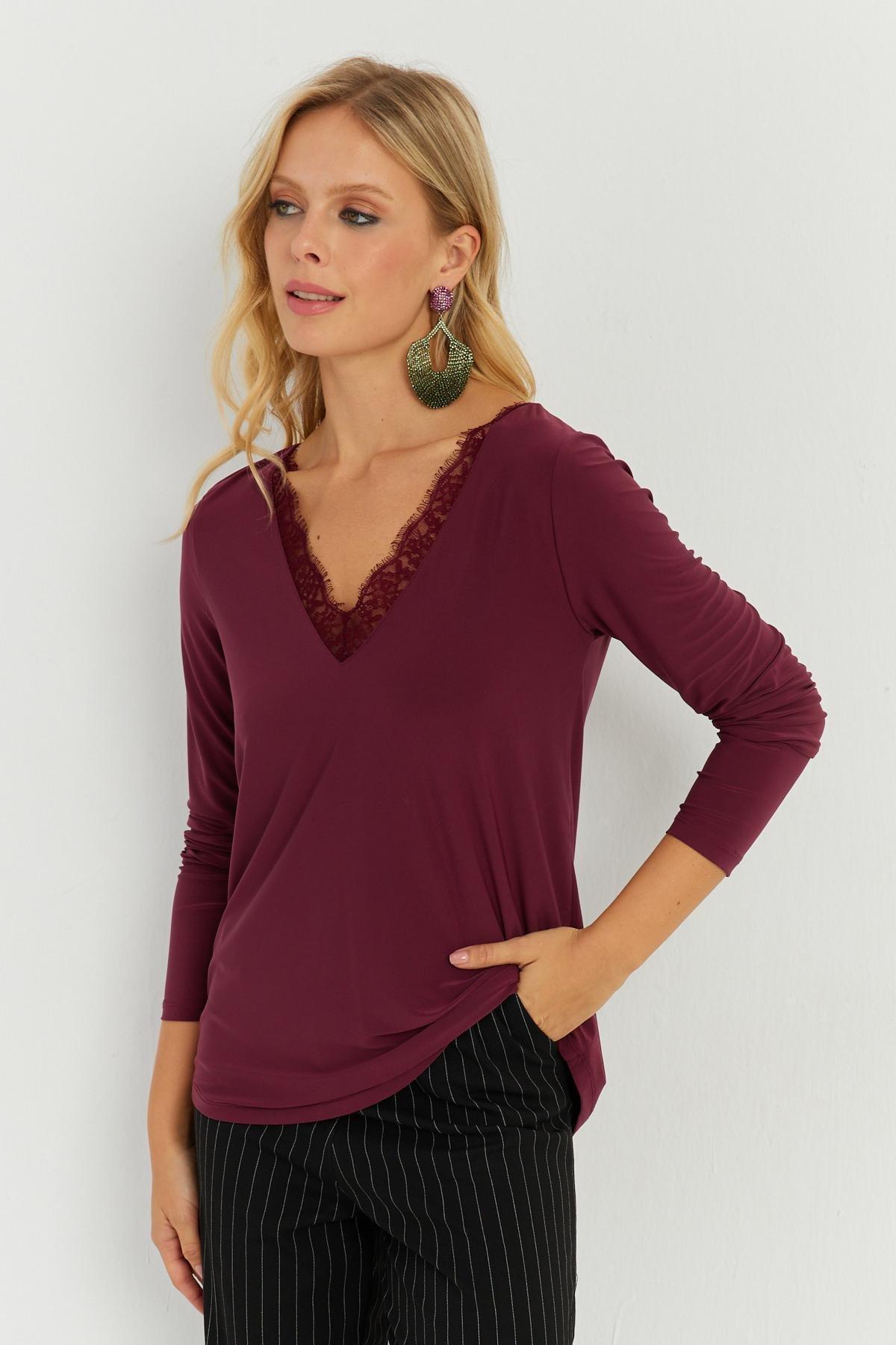 Burgundy Lace Detailed Blouse, , large image number 0