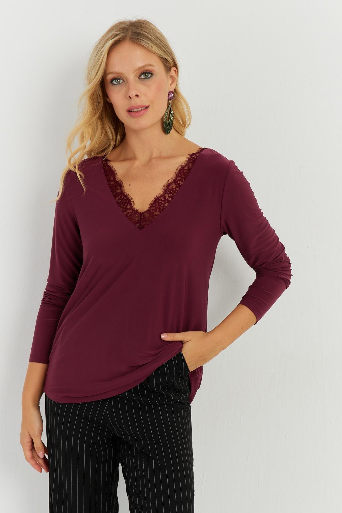 Burgundy Lace Detailed Blouse, , large image number 2