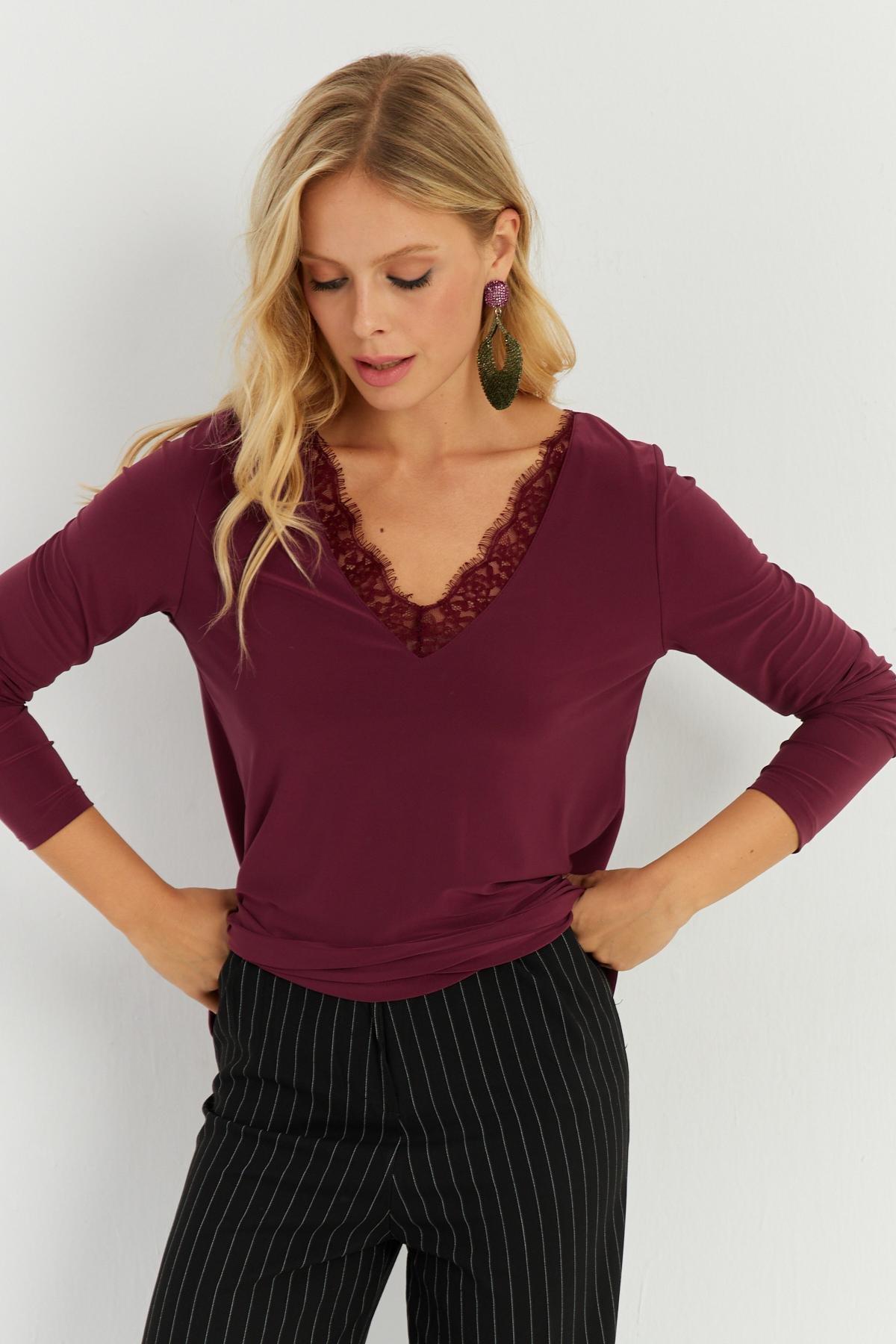 Burgundy Lace Detailed Blouse, , large image number 3