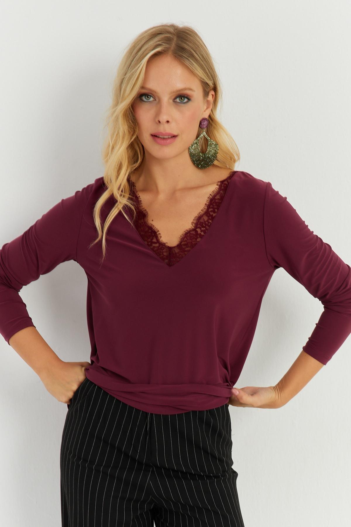 Burgundy Lace Detailed Blouse, , large image number 4