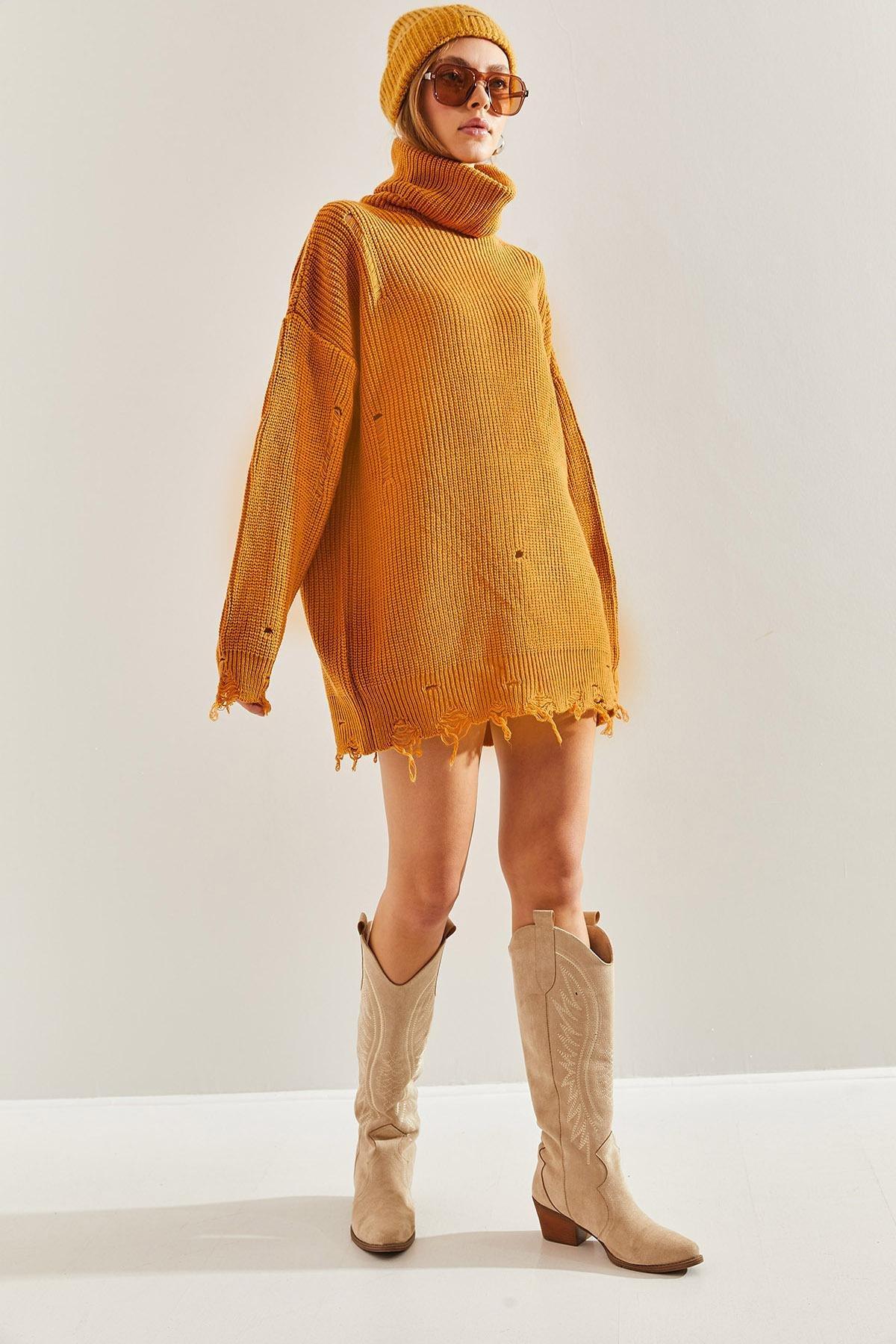 Brown Ripped Pattern Turtleneck Knitted Sweater, Tan, large image number 1