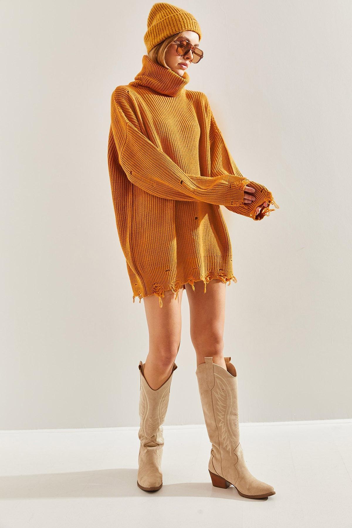 Brown Ripped Pattern Turtleneck Knitted Sweater, Tan, large image number 2