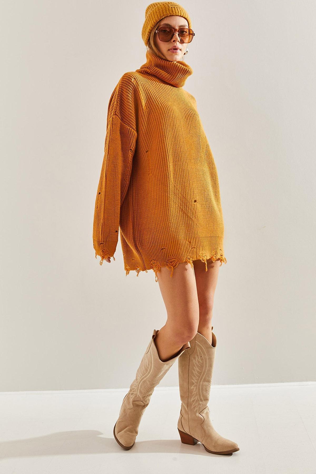 Brown Ripped Pattern Turtleneck Knitted Sweater, Tan, large image number 3