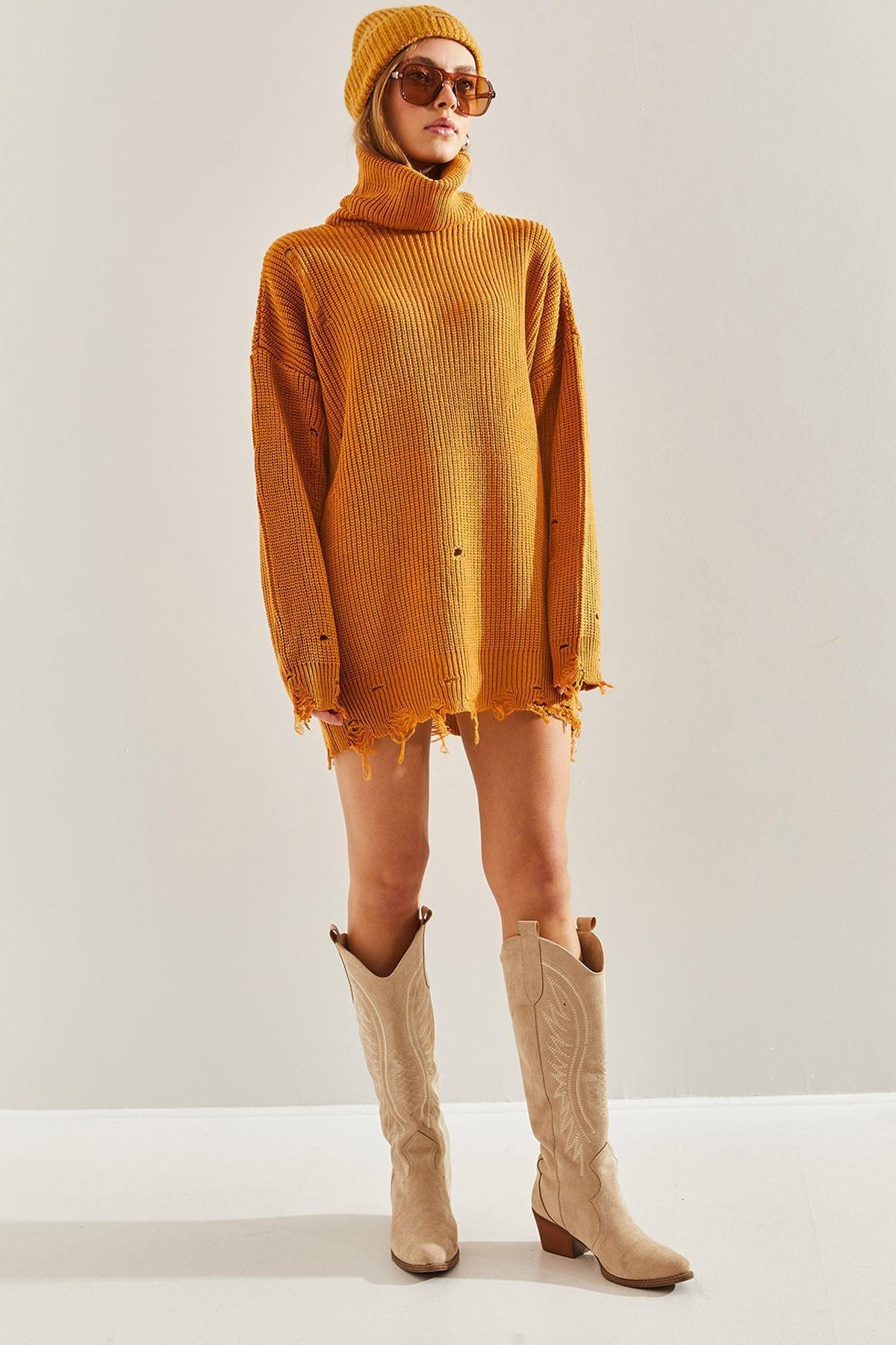 Brown Ripped Pattern Turtleneck Knitted Sweater, Tan, large image number 4