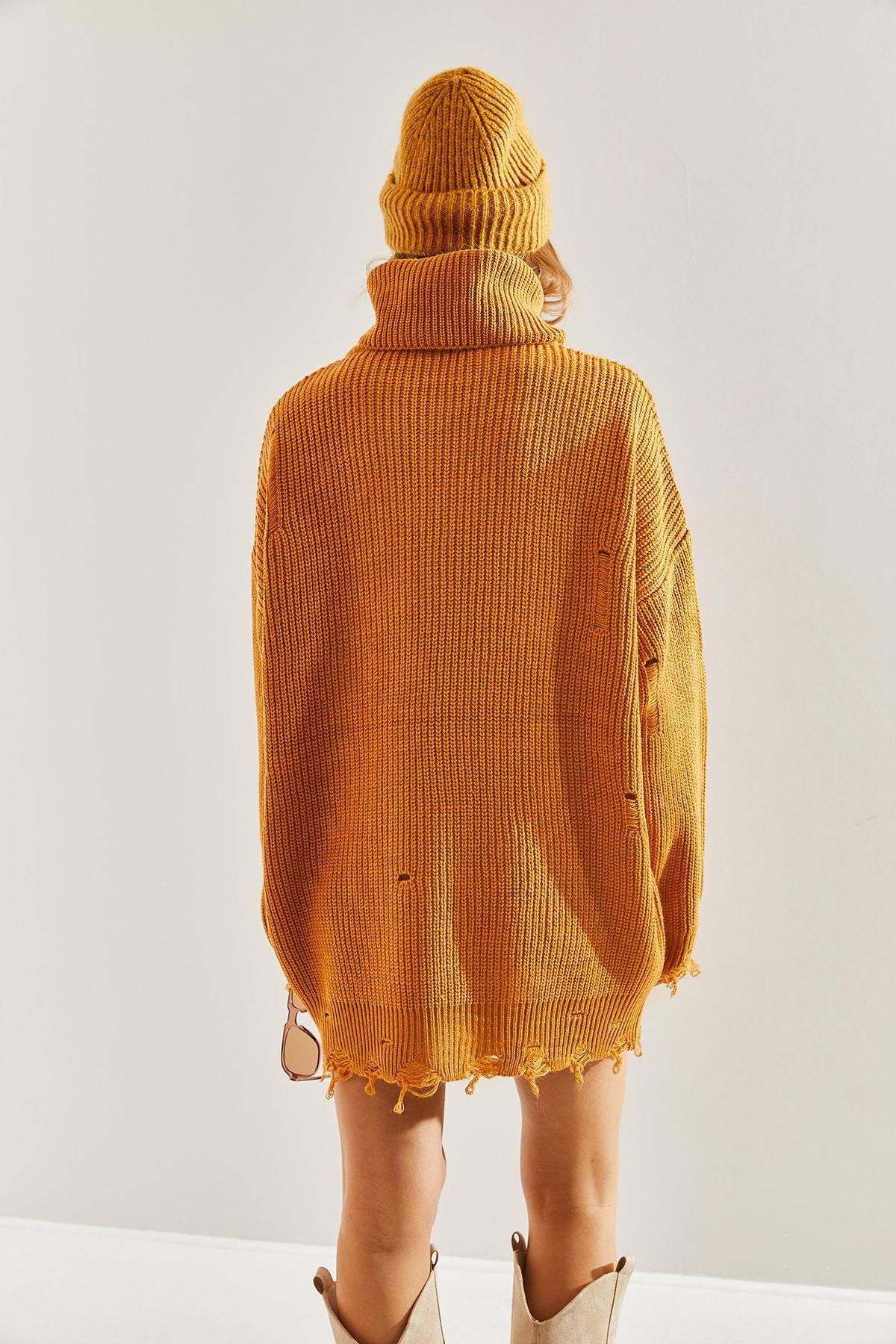 Brown Ripped Pattern Turtleneck Knitted Sweater, Tan, large image number 5