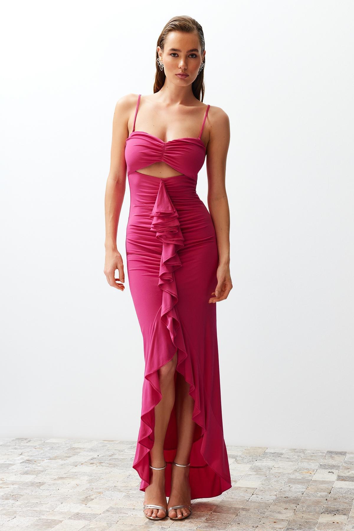 Fuchsia Fitted Ruffled Knitted Long Evening Dress TPRSS24AE00027, , large image number 1