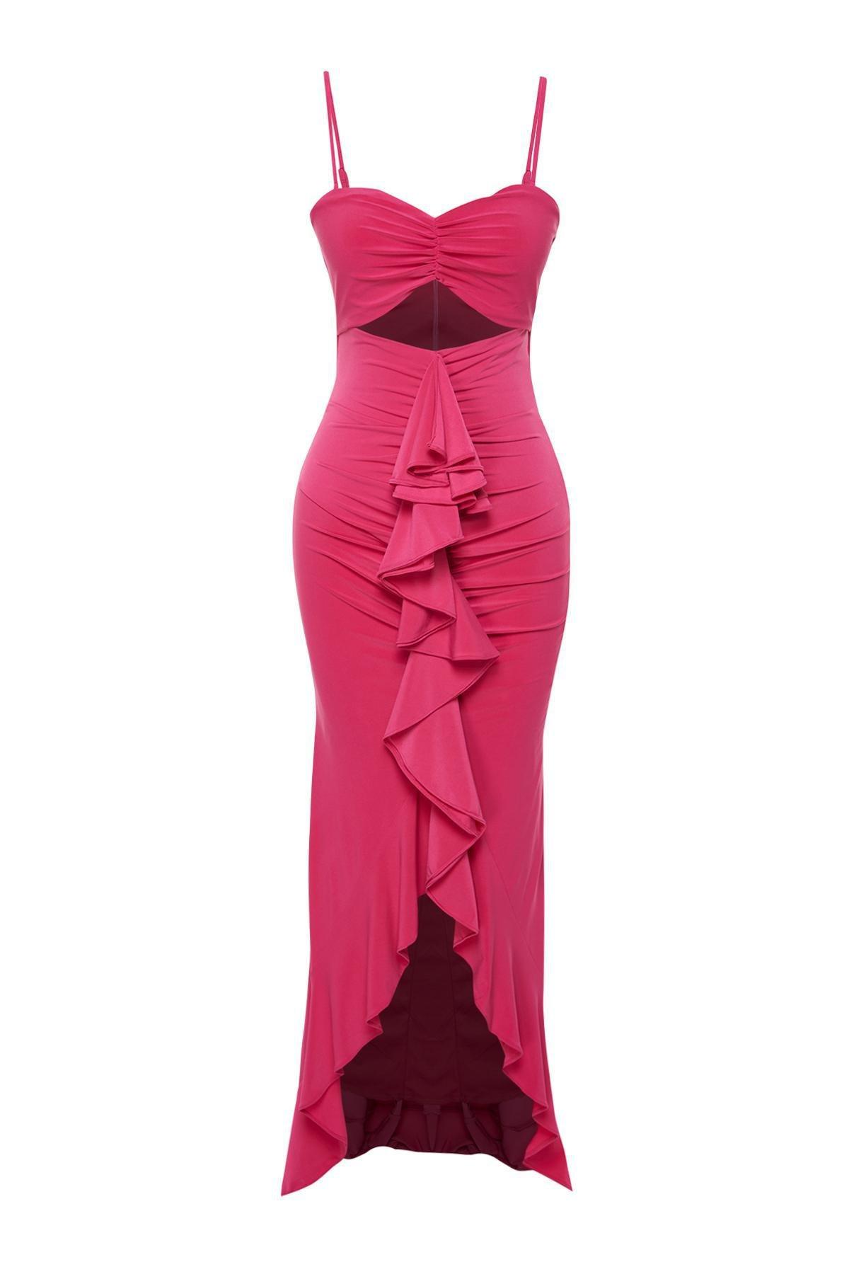 Fuchsia Fitted Ruffled Knitted Long Evening Dress TPRSS24AE00027, , large image number 4
