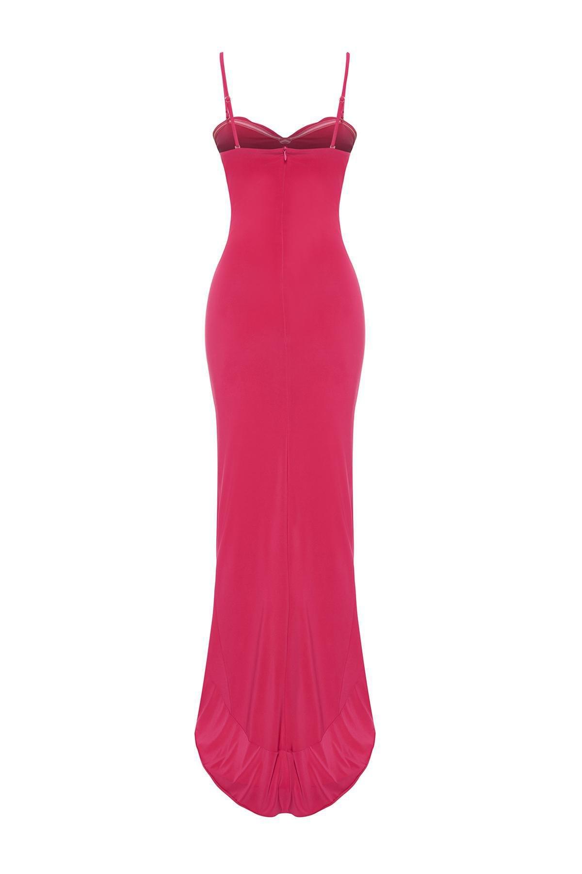Fuchsia Fitted Ruffled Knitted Long Evening Dress TPRSS24AE00027, , large image number 5