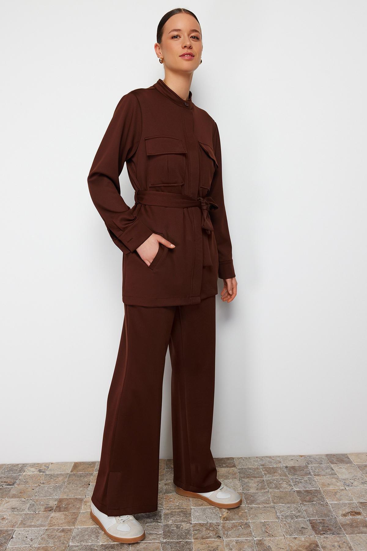 Brown Belted Detailed Knitted Top Suit, , medium