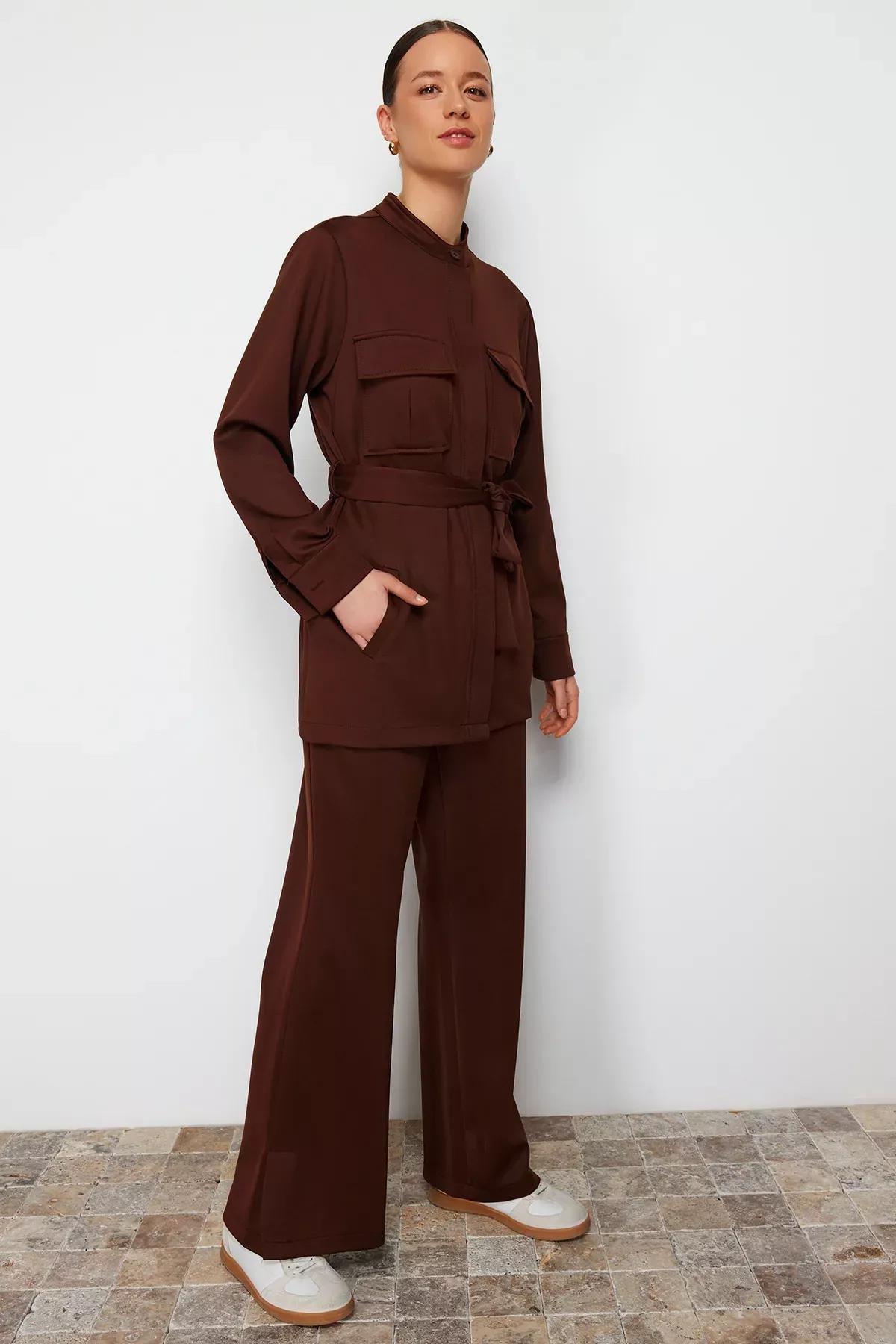 Brown Belted Detailed Knitted Top Suit, , large image number 0