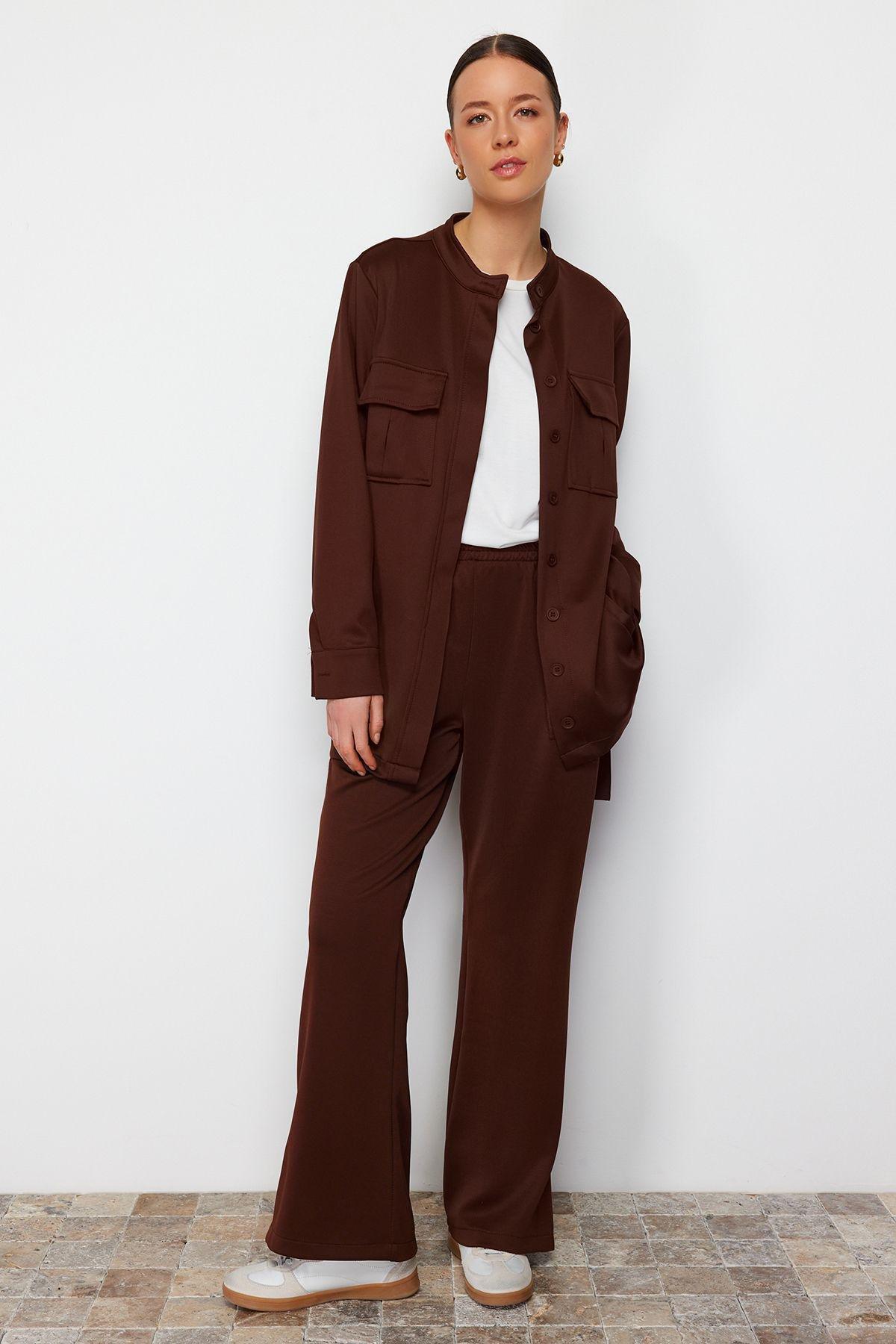 Brown Belted Detailed Knitted Top Suit, , large image number 1