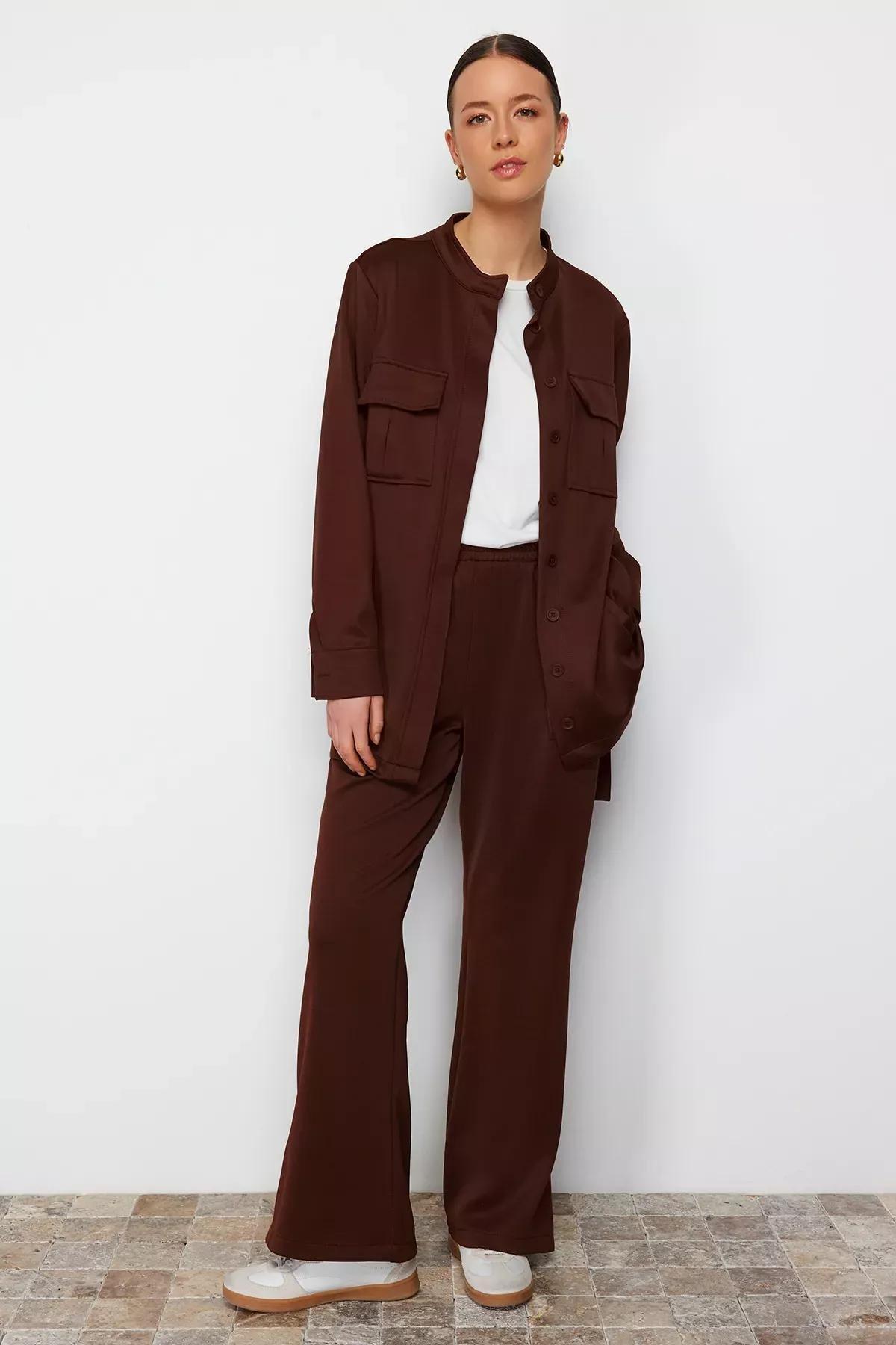 Brown Belted Detailed Knitted Top Suit, , large image number 1