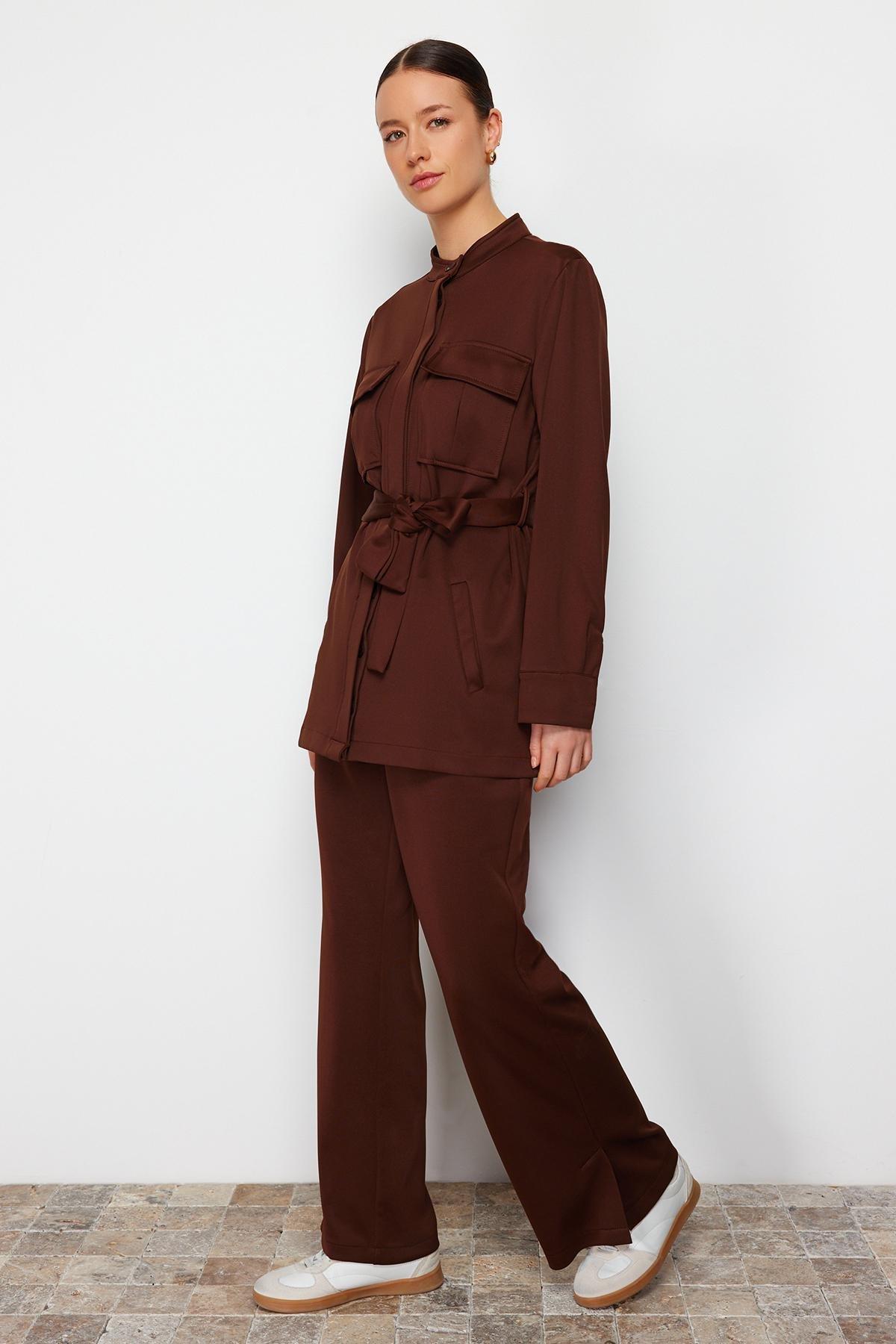 Brown Belted Detailed Knitted Top Suit, , large image number 2