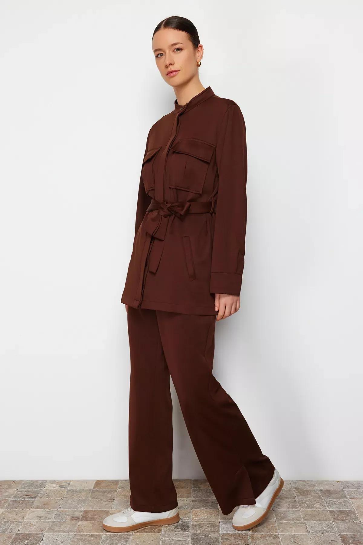 Brown Belted Detailed Knitted Top Suit, , large image number 2
