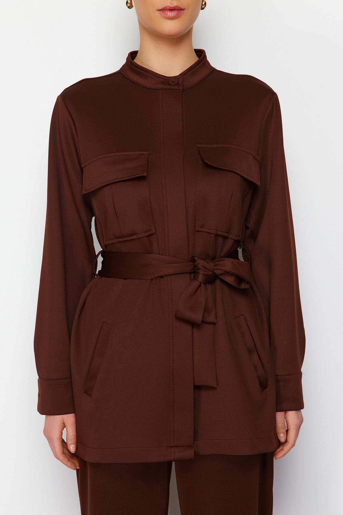Brown Belted Detailed Knitted Top Suit, , large image number 3