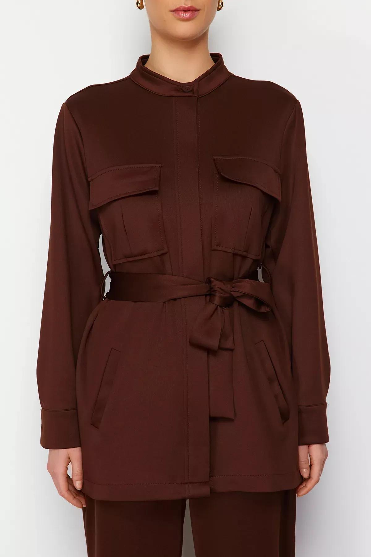 Brown Belted Detailed Knitted Top Suit, , large image number 3
