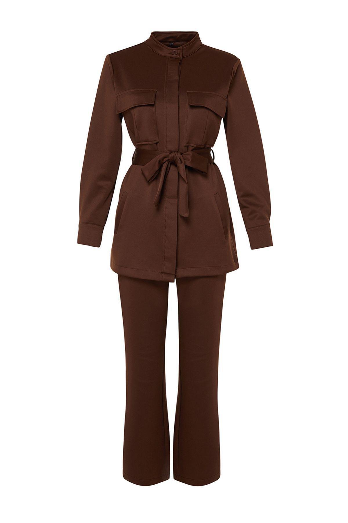 Brown Belted Detailed Knitted Top Suit, , large image number 5