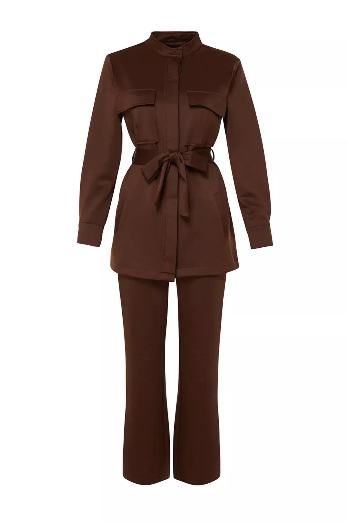 Brown Belted Detailed Knitted Top Suit, Light brown, large image number 5