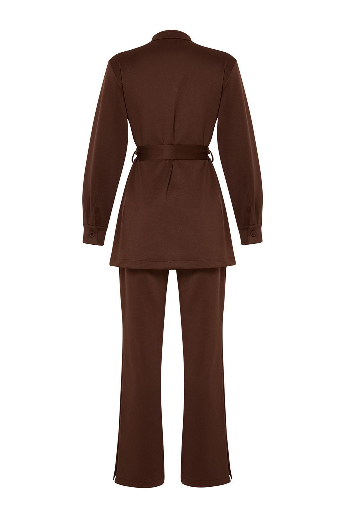 Brown Belted Detailed Knitted Top Suit, , large image number 6
