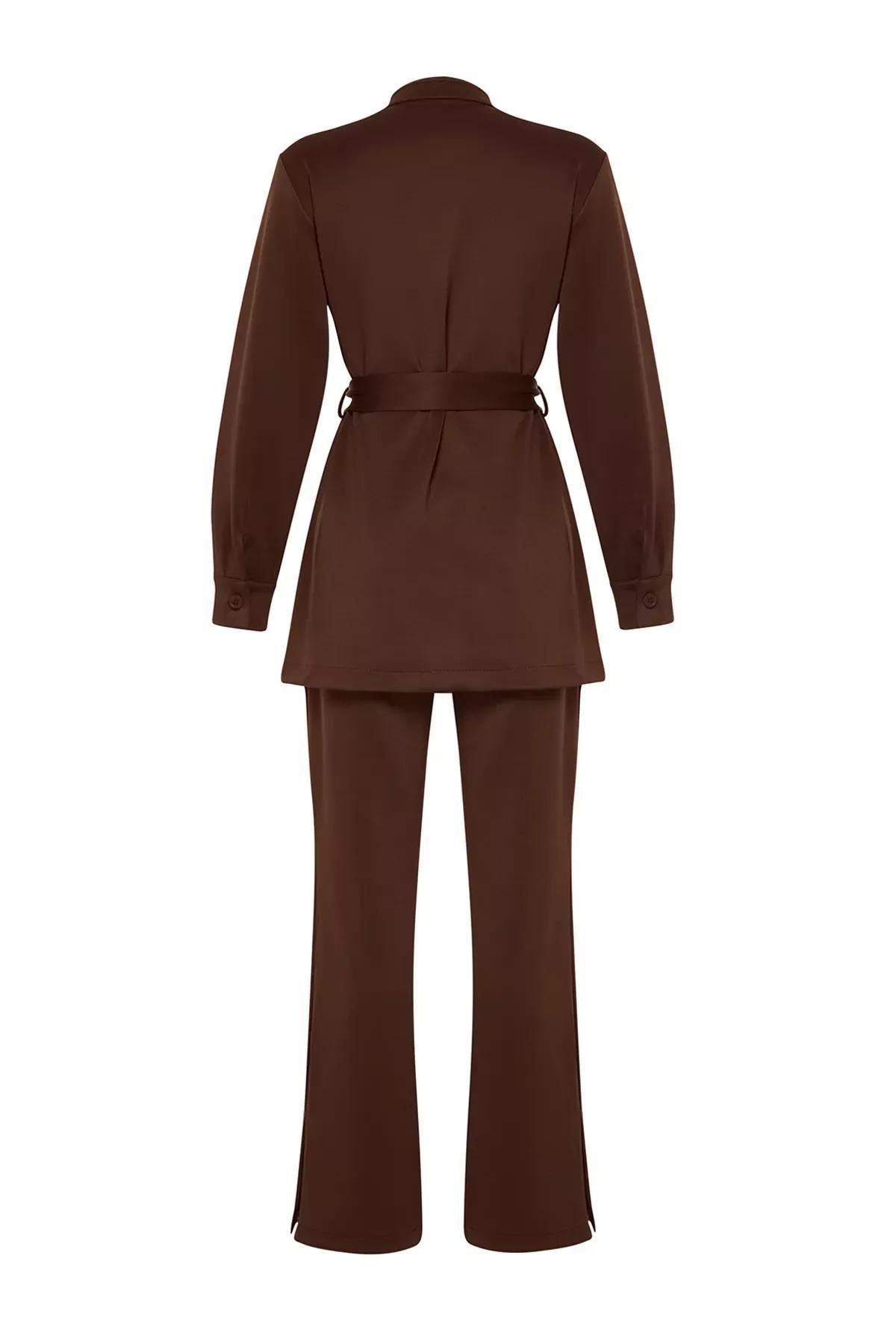 Brown Belted Detailed Knitted Top Suit, , large image number 6
