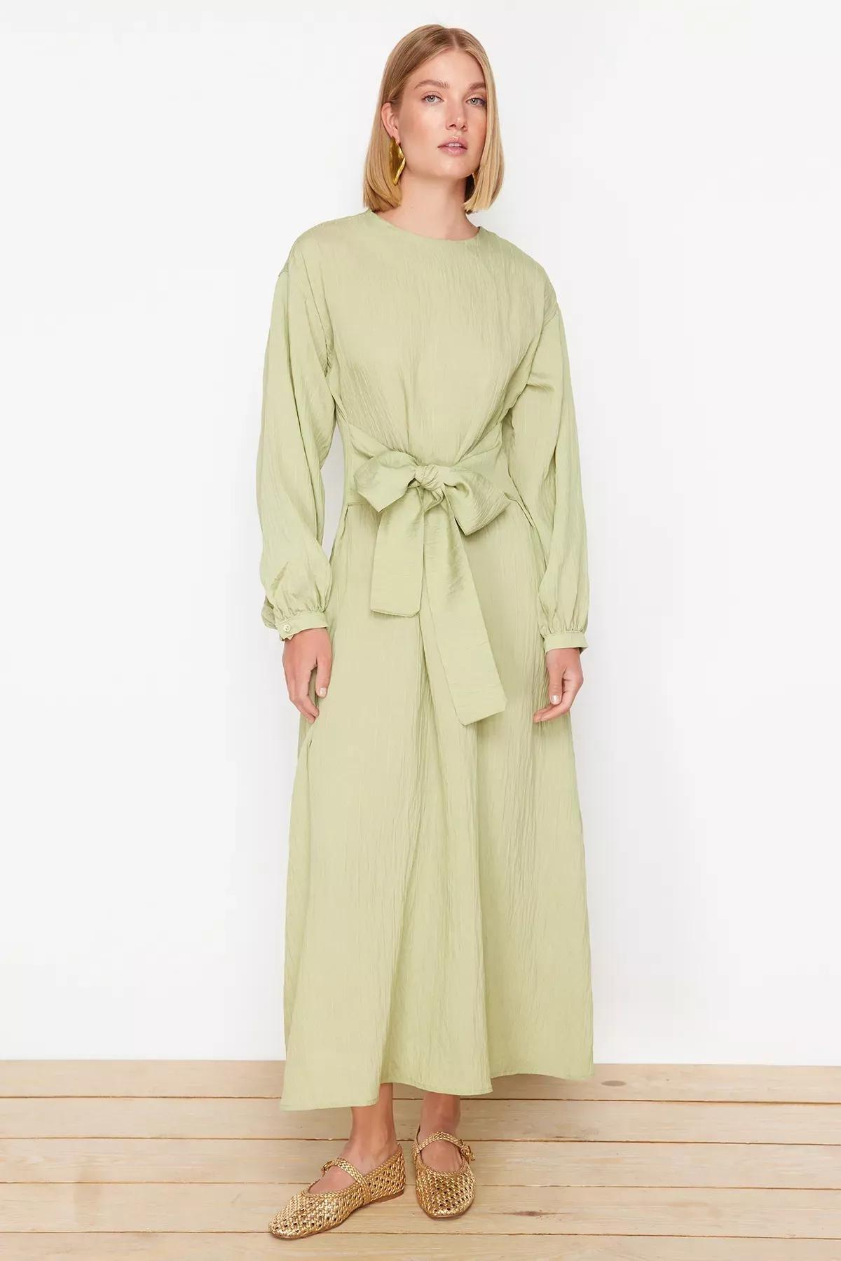 Green Tie Front Unlined Dress, Khaki, large image number 0
