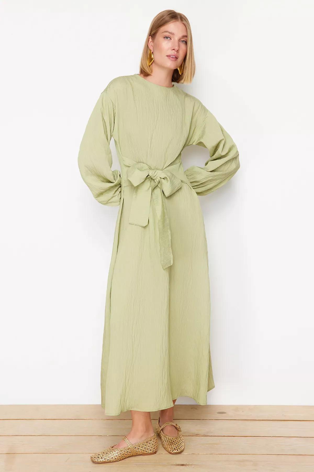Green Tie Front Unlined Dress, Khaki, large image number 1