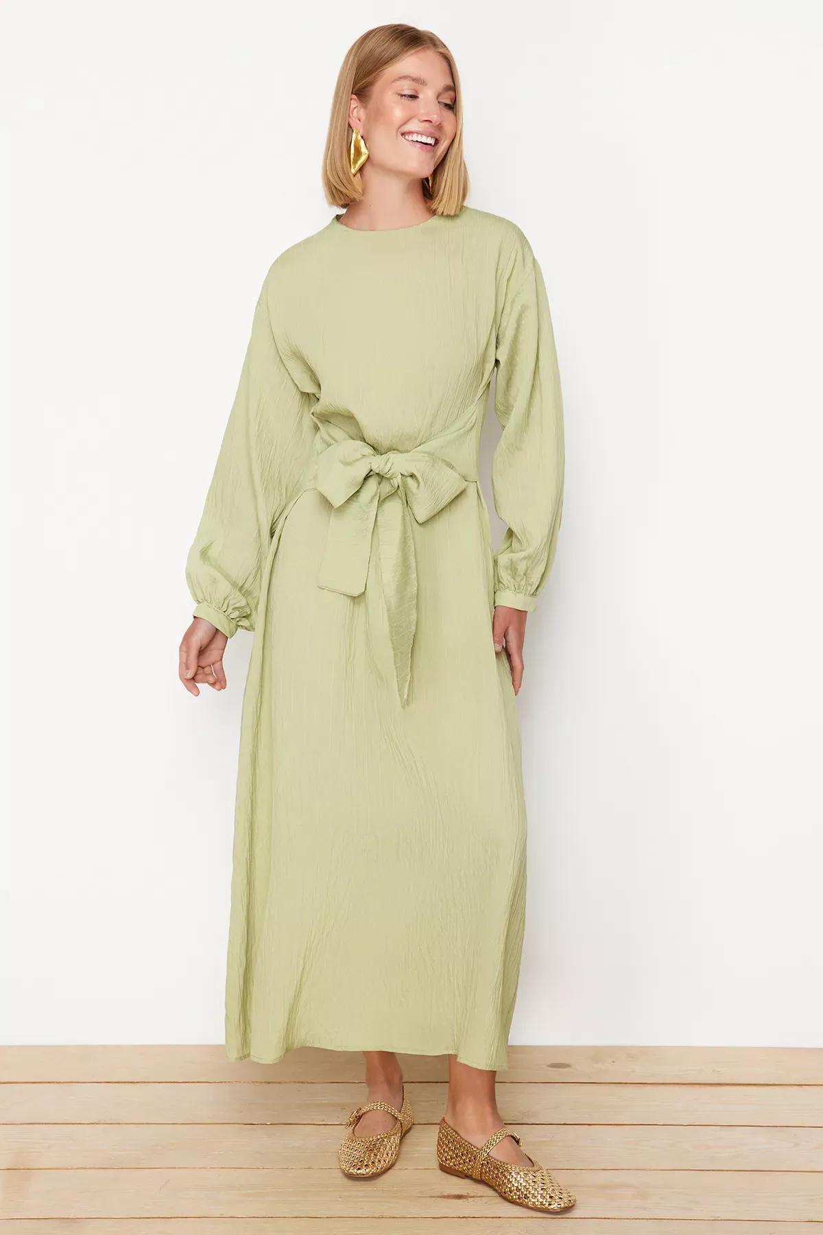 Green Tie Front Unlined Dress, Khaki, large image number 2
