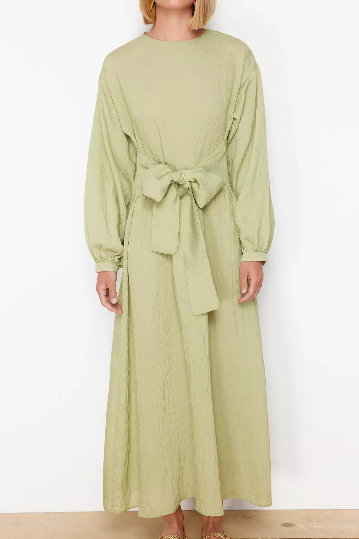 Green Tie Front Unlined Dress, Khaki, large image number 3