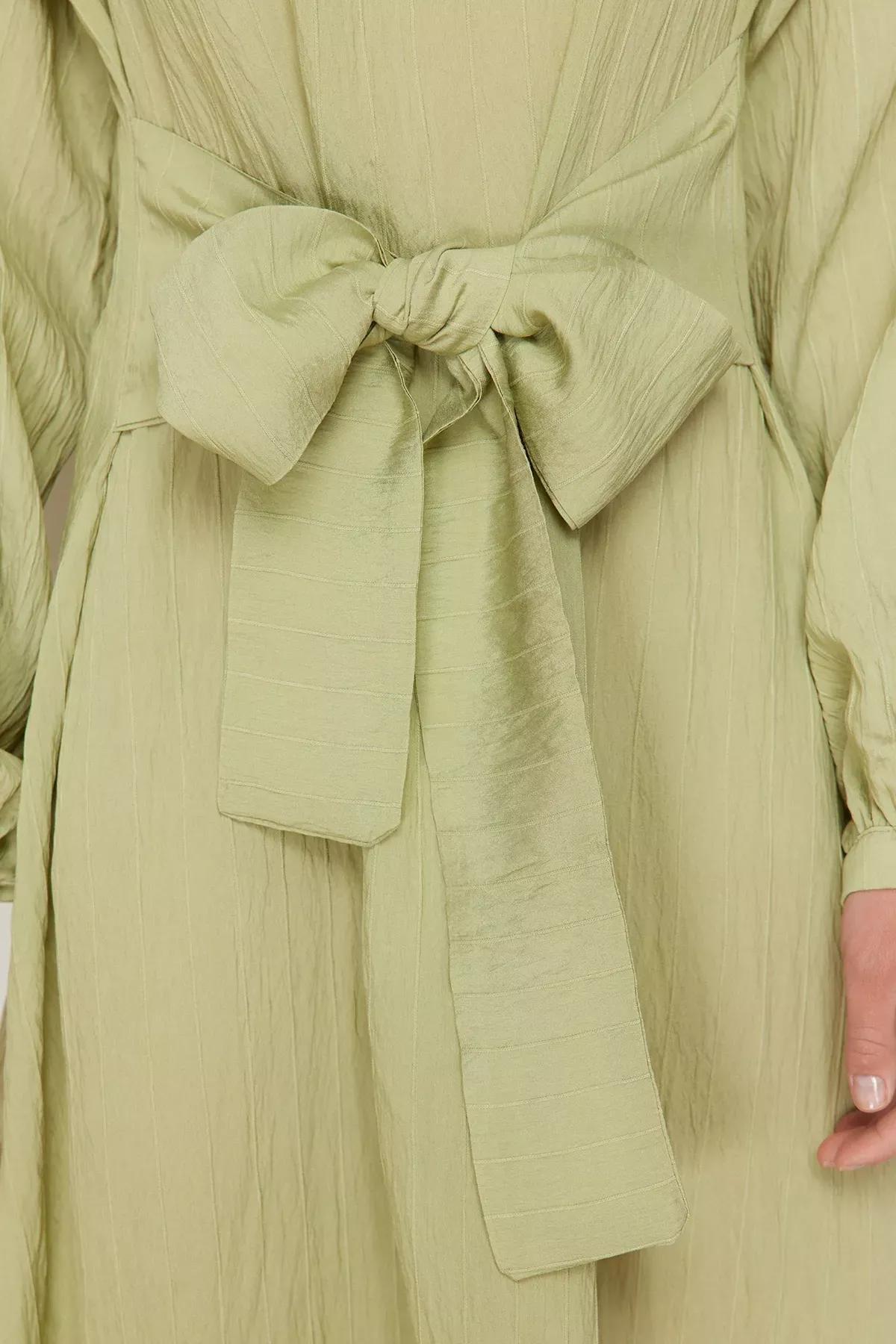 Green Tie Front Unlined Dress, Khaki, large image number 4