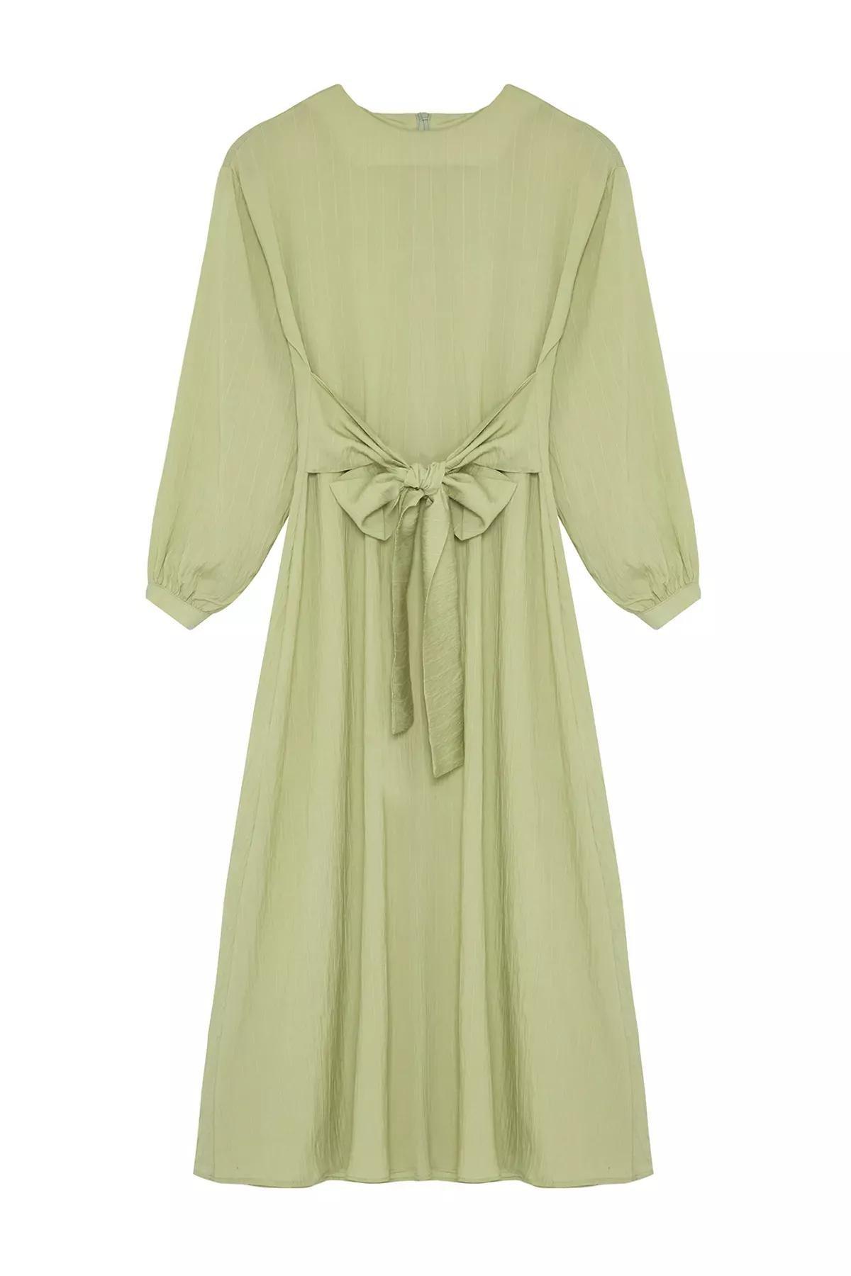Green Tie Front Unlined Dress, Khaki, large image number 5