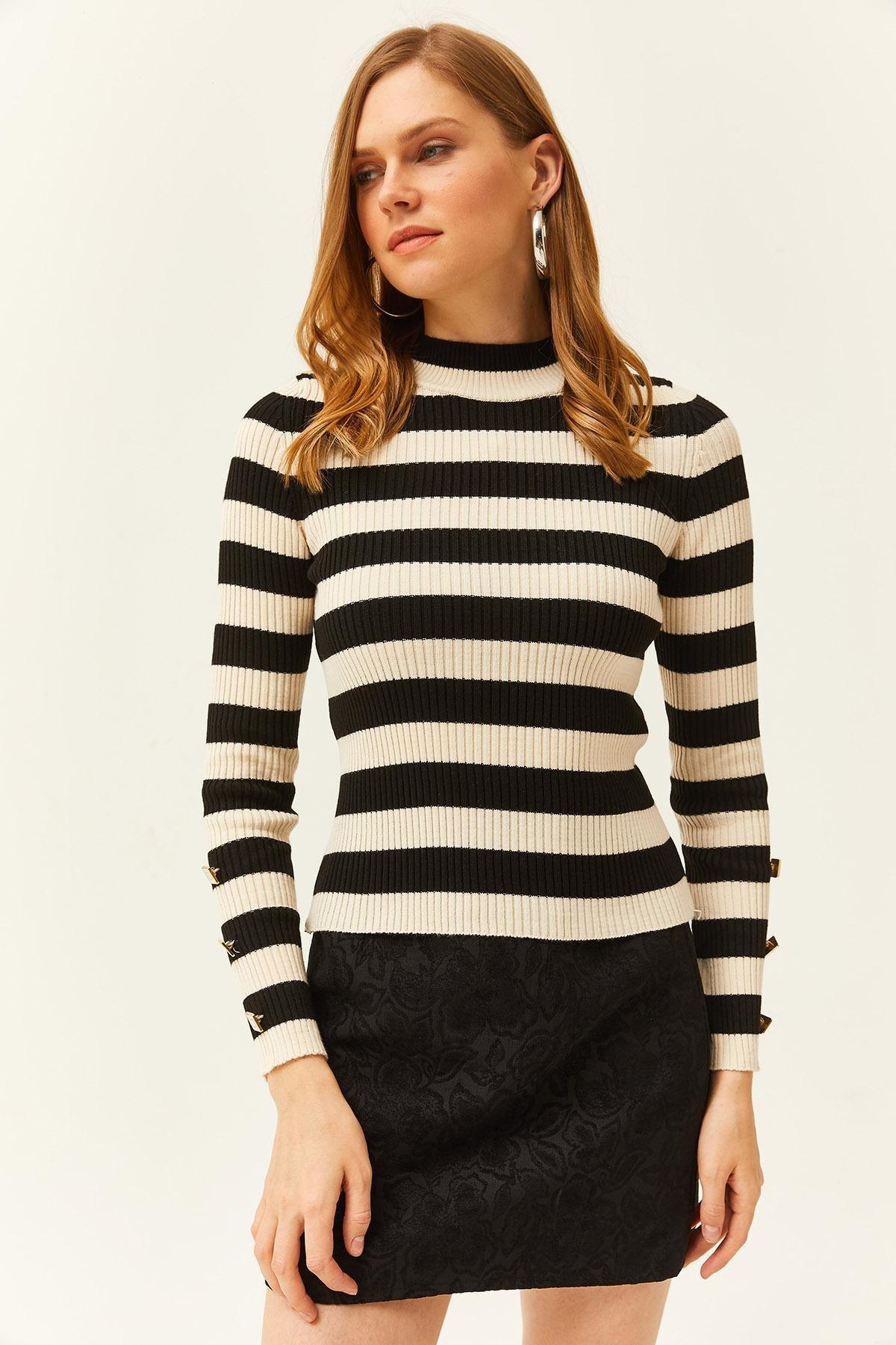 Black Striped Ribbed Sweater, BLACK, large image number 1