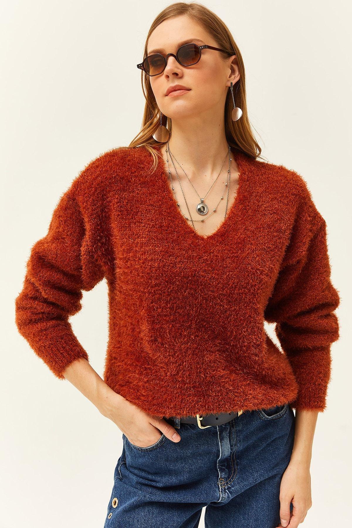 Brown V-Neck Soft Textured Knitted Sweater, Tan, large image number 0