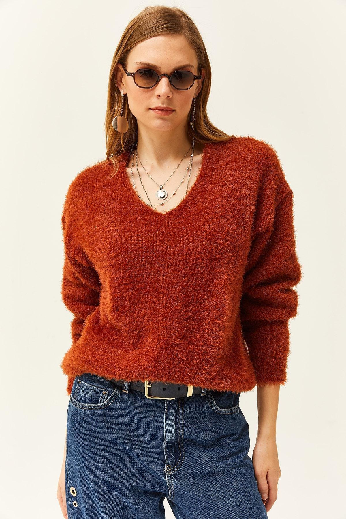 Brown V-Neck Soft Textured Knitted Sweater, Tan, large image number 1