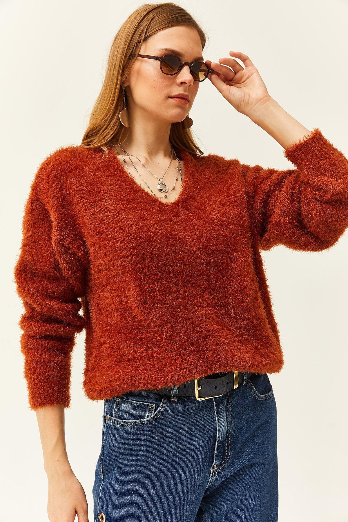 Brown V-Neck Soft Textured Knitted Sweater, Tan, large image number 2