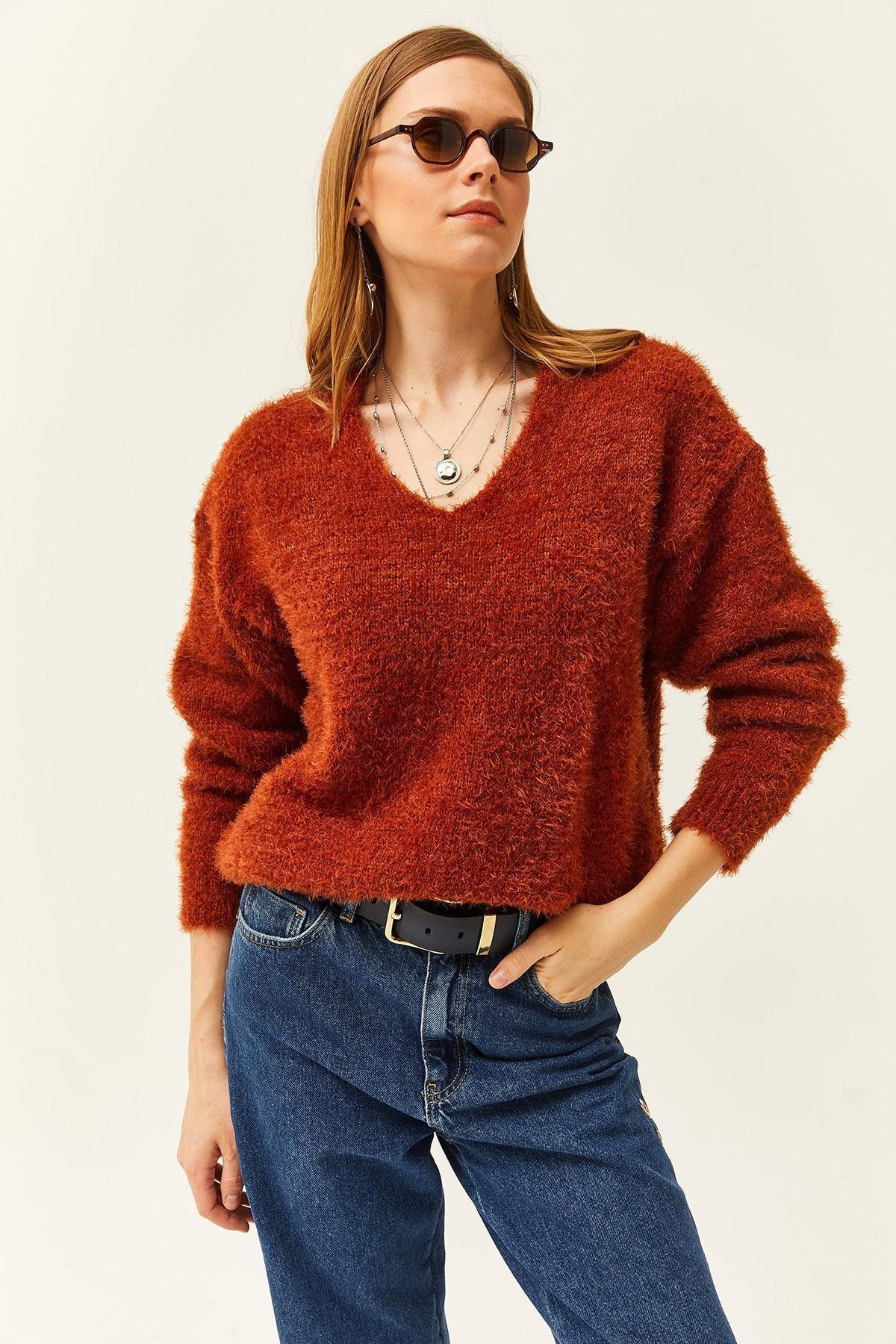 Brown V-Neck Soft Textured Knitted Sweater, Tan, large image number 3