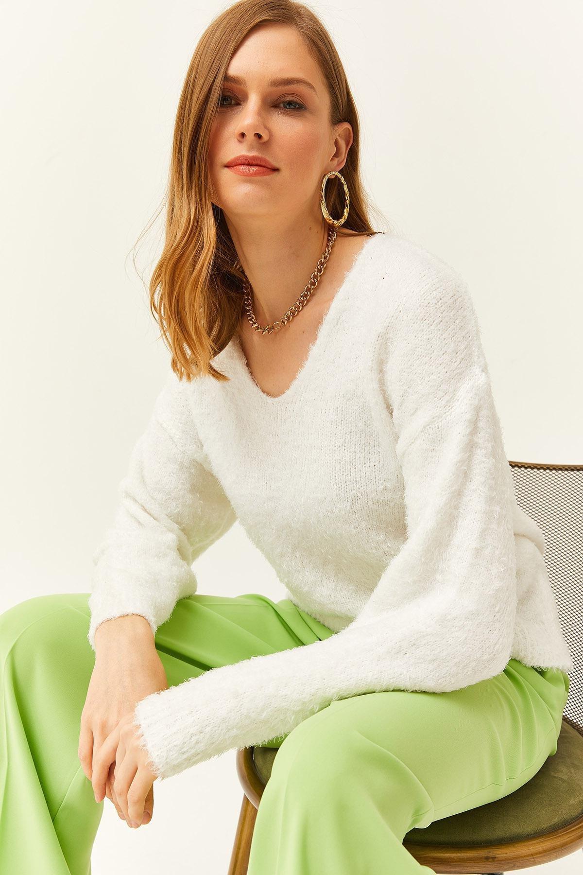 White V-Neck Soft Knitted Sweater, White, large image number 0
