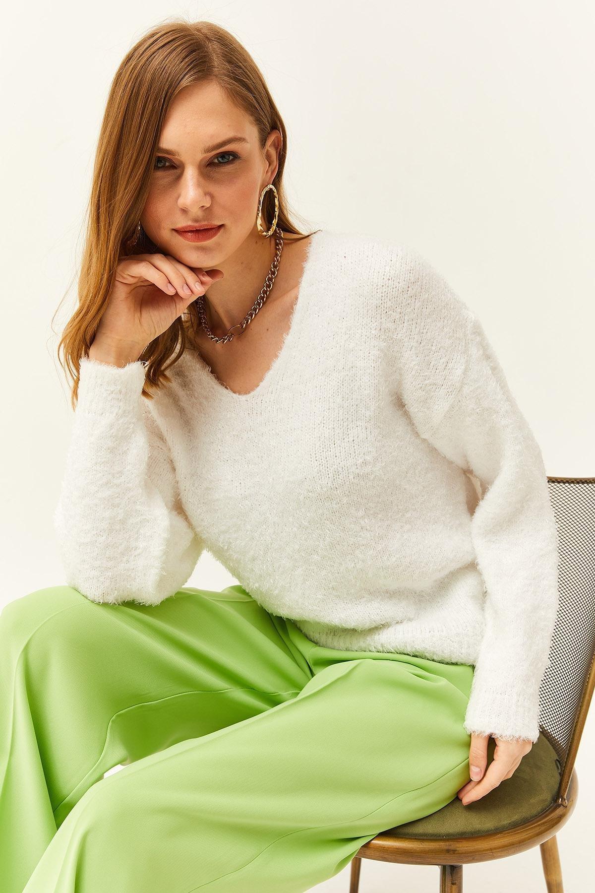 White V-Neck Soft Knitted Sweater, White, large image number 1