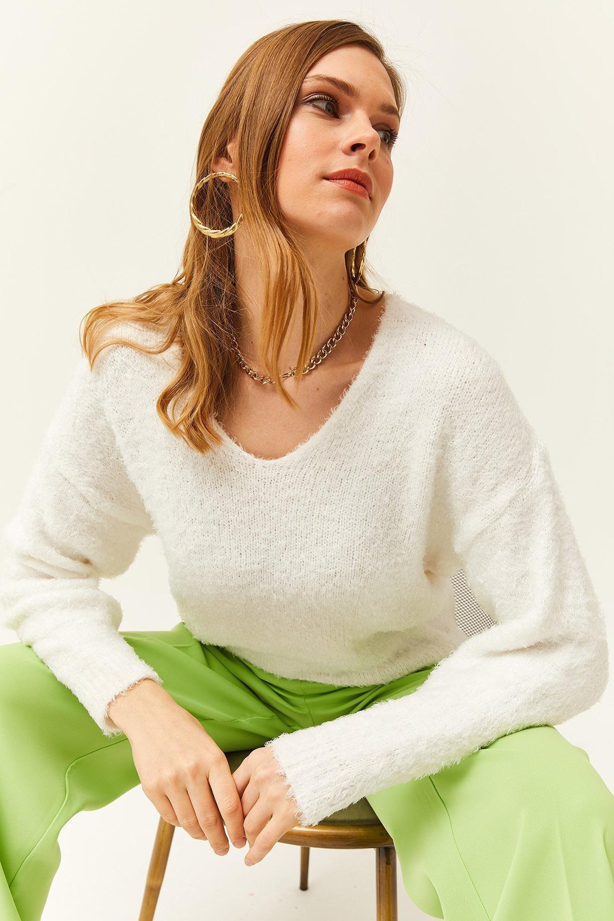 White V-Neck Soft Knitted Sweater, White, large image number 2
