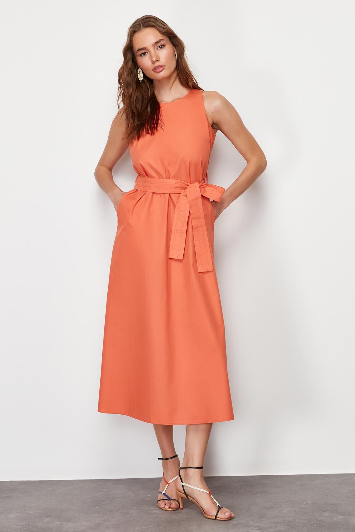 Orange Belted 100% Cotton Poplin Pocket Midi Woven Dress TWOSS24EL00338, Orange, large image number 0