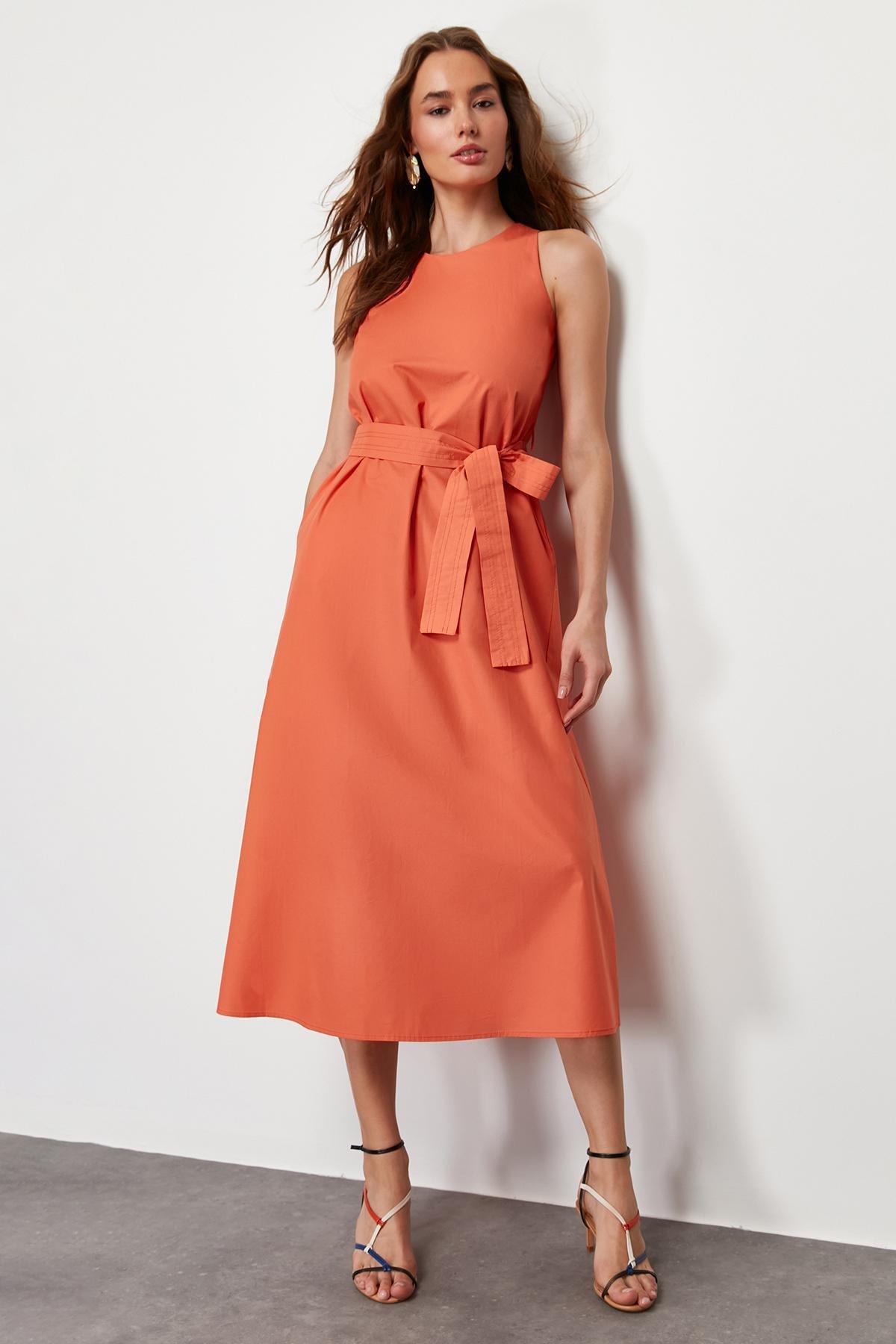 Orange Belted 100% Cotton Poplin Pocket Midi Woven Dress TWOSS24EL00338, Orange, large image number 1