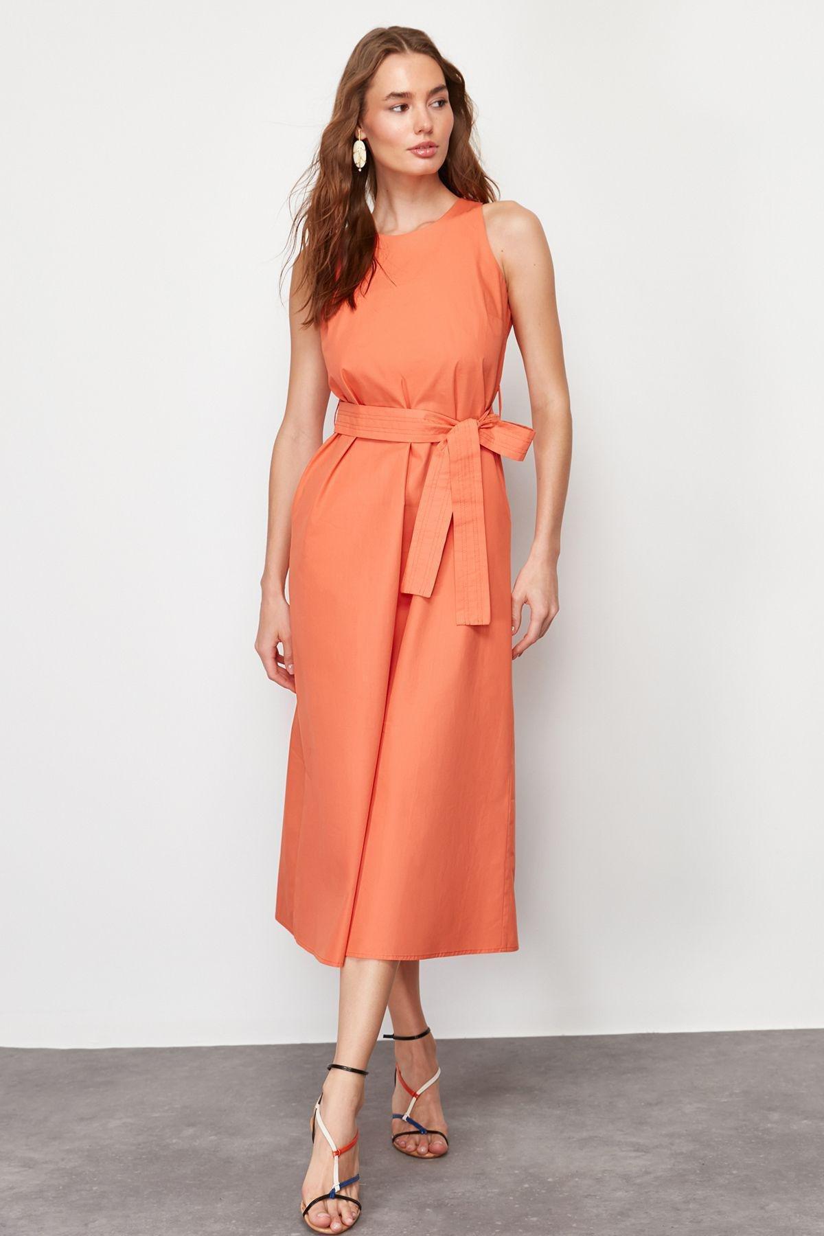 Orange Belted 100% Cotton Poplin Pocket Midi Woven Dress TWOSS24EL00338, Orange, large image number 2