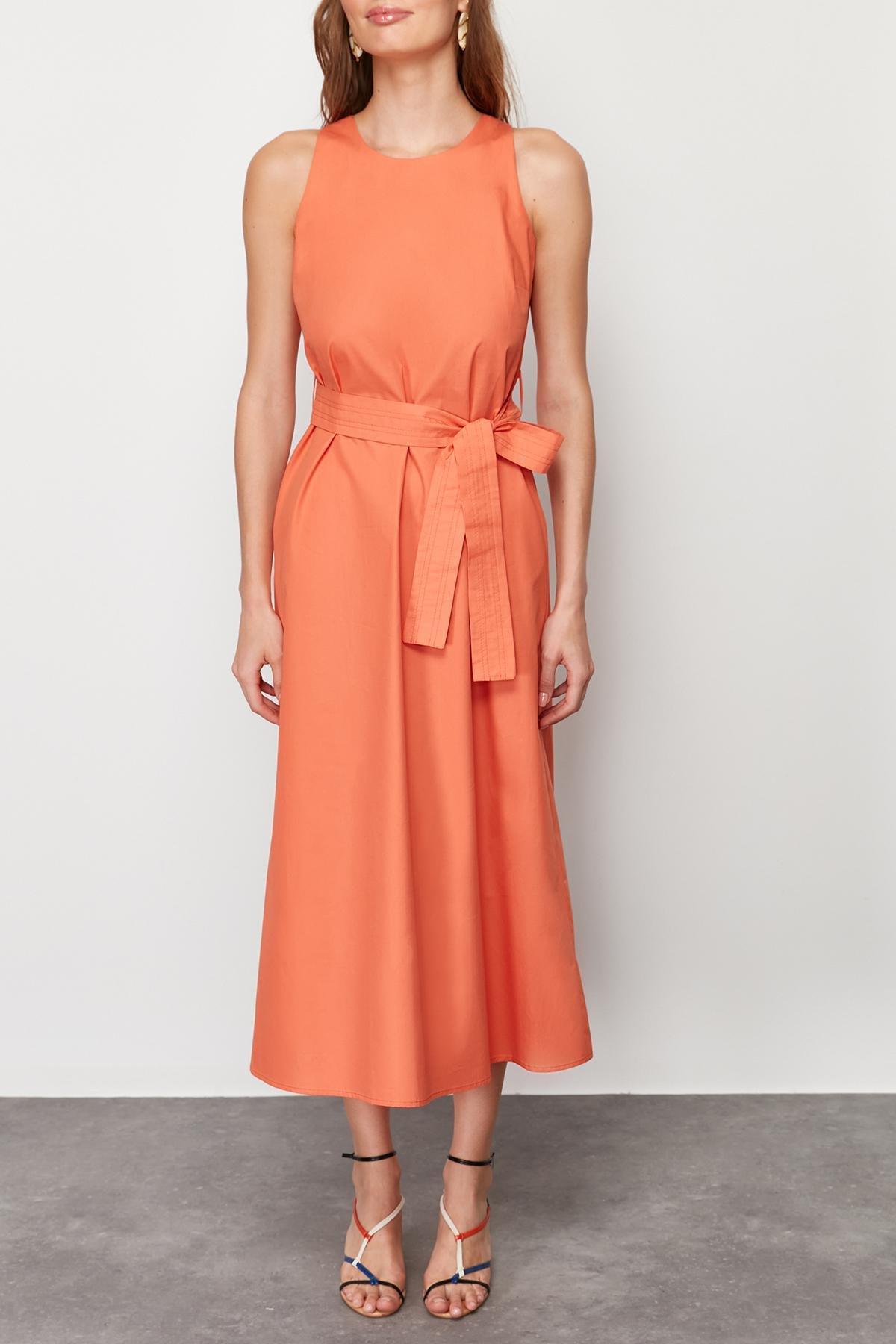 Orange Belted 100% Cotton Poplin Pocket Midi Woven Dress TWOSS24EL00338, Orange, large image number 3