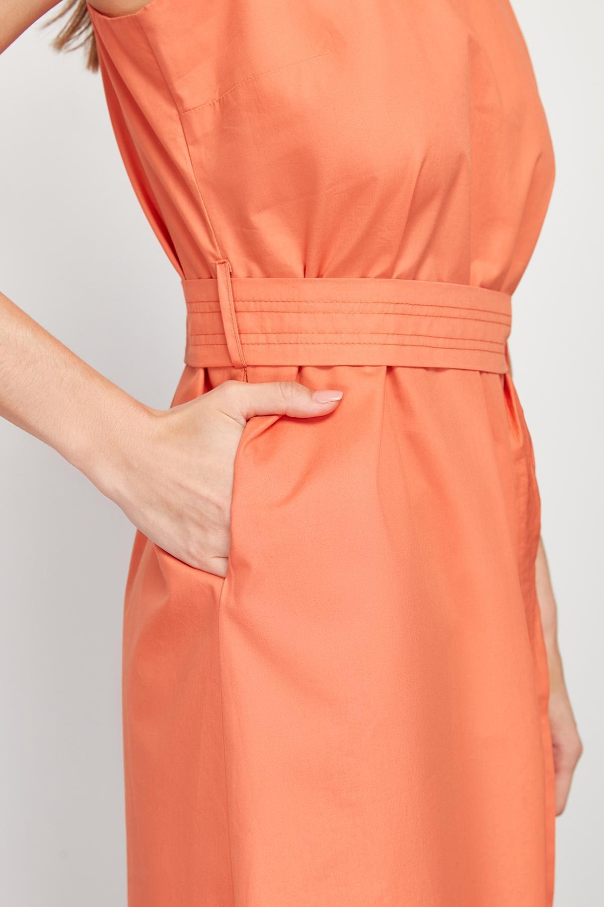 Orange Belted 100% Cotton Poplin Pocket Midi Woven Dress TWOSS24EL00338, Orange, large image number 4