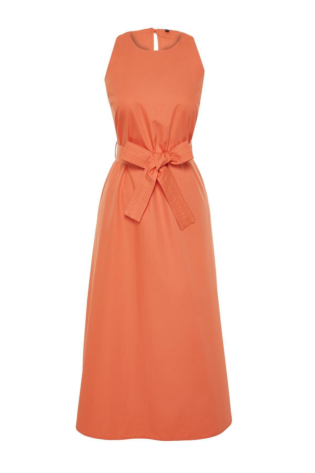 Orange Belted 100% Cotton Poplin Pocket Midi Woven Dress TWOSS24EL00338, Orange, large image number 5